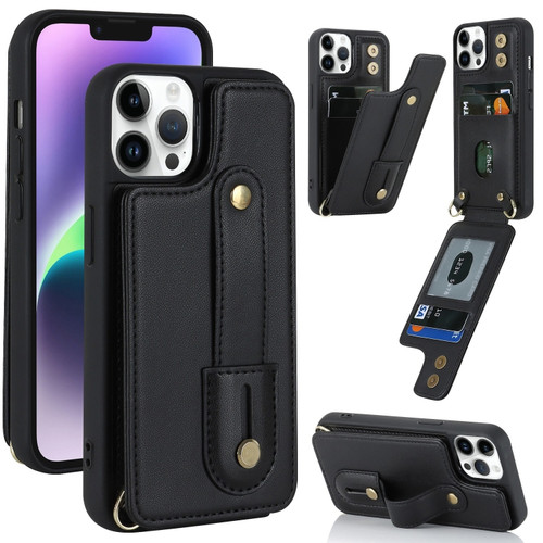 iPhone 13 Pro Wristband Vertical Flip Wallet Back Cover Phone Case - Black