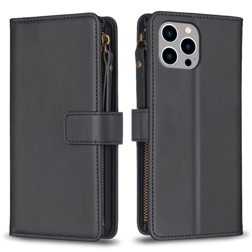 iPhone 13 Pro 9 Card Slots Zipper Wallet Leather Flip Phone Case - Black