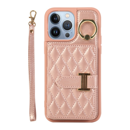 iPhone 13 Pro Horizontal Card Bag Ring Holder Phone Case with Dual Lanyard - Rose Gold