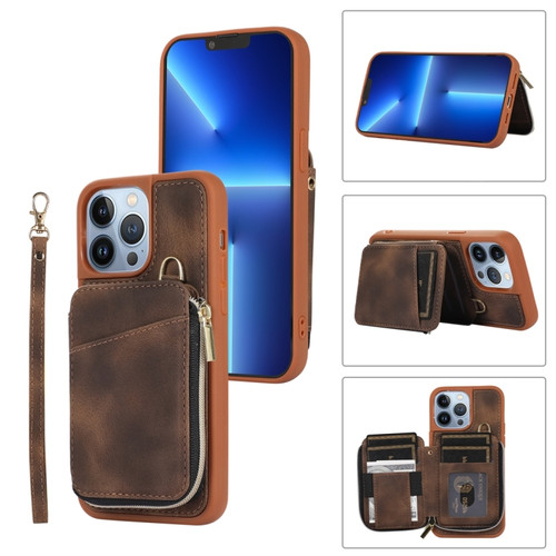 iPhone 13 Pro Zipper Card Bag Back Cover Phone Case - Brown