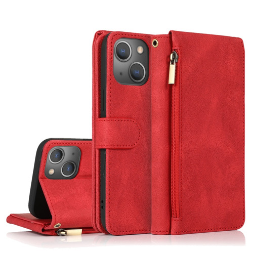 iPhone 13 Pro Skin-feel Crazy Horse Texture Zipper Wallet Bag Horizontal Flip Leather Case with Holder & Card Slots & Wallet & Lanyard  - Red