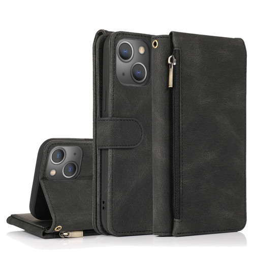 iPhone 13 Pro Skin-feel Crazy Horse Texture Zipper Wallet Bag Horizontal Flip Leather Case with Holder & Card Slots & Wallet & Lanyard  - Black