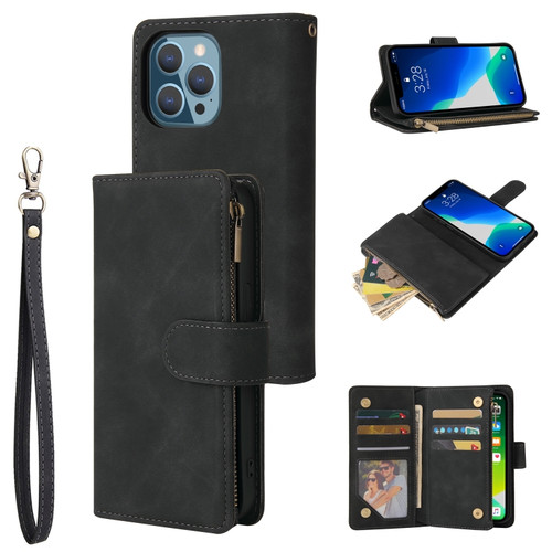 iPhone 13 Pro Multifunctional Phone Leather Case with Card Slot & Holder & Zipper Wallet & Photo Frame  - Black