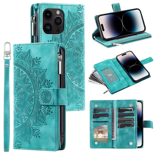 iPhone 13 Pro Multi-Card Totem Zipper Leather Phone Case - Green