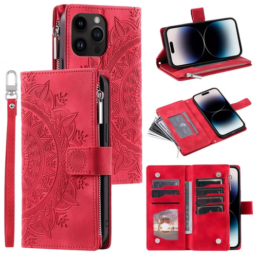 iPhone 13 Pro Multi-Card Totem Zipper Leather Phone Case - Red