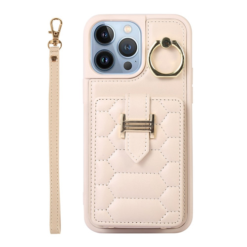 iPhone 13 Pro Vertical Card Bag Ring Holder Phone Case with Dual Lanyard - Beige
