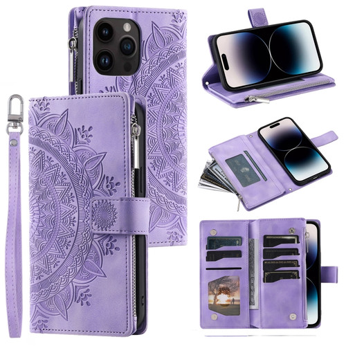 iPhone 13 Pro Multi-Card Totem Zipper Leather Phone Case - Purple