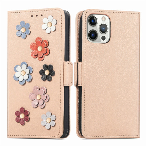 iPhone 13 Pro Stereoscopic Flowers Leather Phone Case  - Yellow