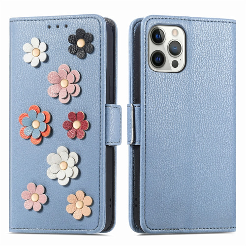 iPhone 13 Pro Stereoscopic Flowers Leather Phone Case  - Blue