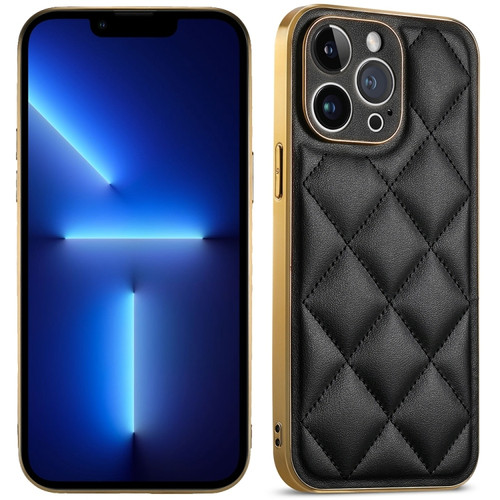 iPhone 13 Pro Suteni Electroplated Big Diamond Grid Leather Soft TPU Phone Case - Black