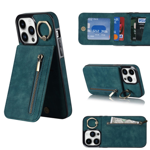 iPhone 13 Pro Retro Ring and Zipper RFID Card Slot Phone Case - Blue