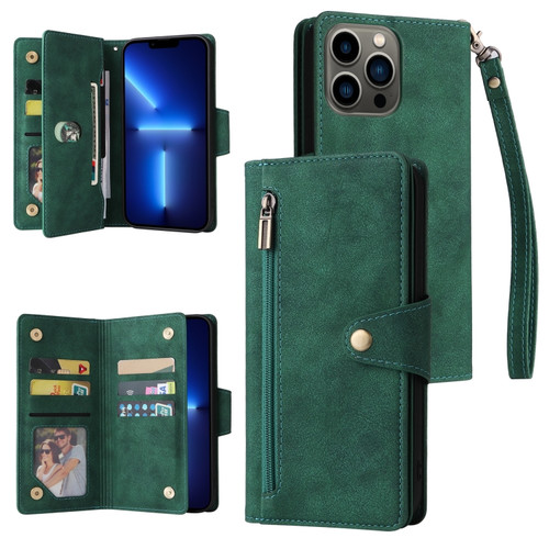 iPhone 13 Pro Rivet Buckle 9 Cards Three Fold Leather Phone Case  - Green