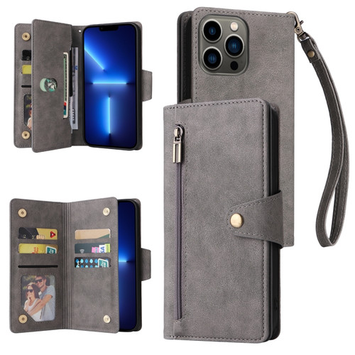 iPhone 13 Pro Rivet Buckle 9 Cards Three Fold Leather Phone Case  - Grey