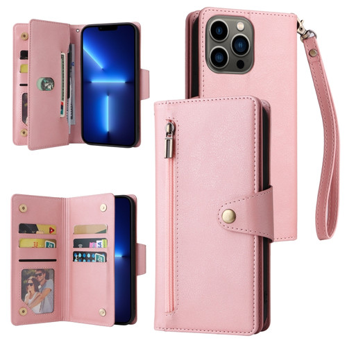 iPhone 13 Pro Rivet Buckle 9 Cards Three Fold Leather Phone Case  - Rose Gold