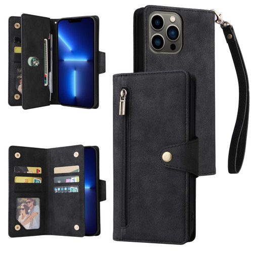 iPhone 13 Pro Rivet Buckle 9 Cards Three Fold Leather Phone Case  - Black