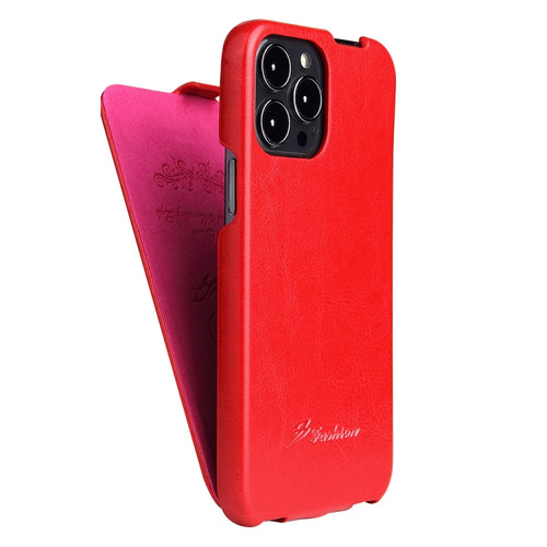 iPhone 13 Pro Fierre Shann Retro Oil Wax Texture Vertical Flip PU Leather Case  - Red