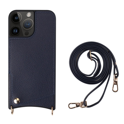 iPhone 13 Pro Fish Tail Card Slot PU + TPU Phone Case with Long Lanyard - Dark Blue