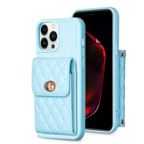 iPhone 13 Pro Vertical Metal Buckle Wallet Rhombic Leather Phone Case - Blue