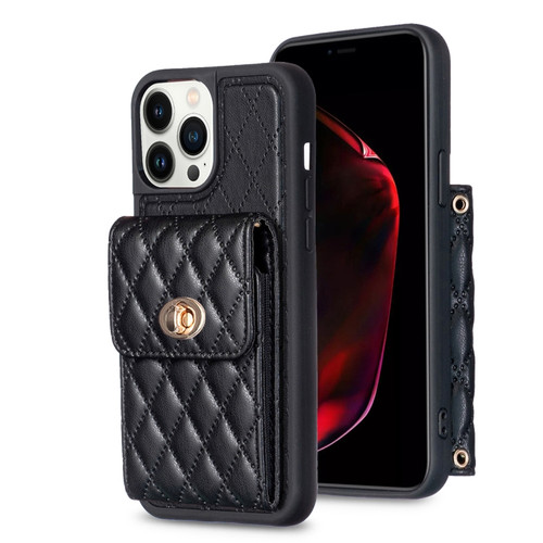 iPhone 13 Pro Vertical Metal Buckle Wallet Rhombic Leather Phone Case - Black
