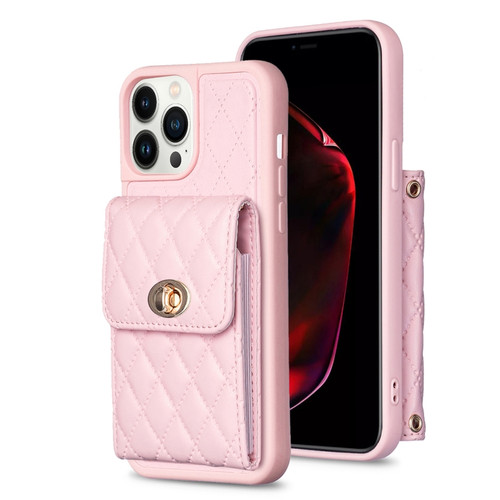 iPhone 13 Pro Vertical Metal Buckle Wallet Rhombic Leather Phone Case - Pink
