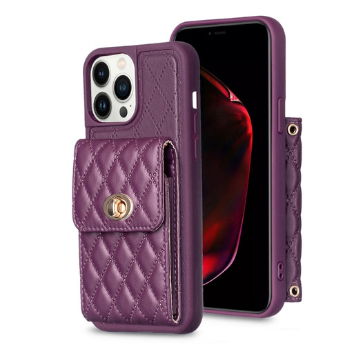 iPhone 13 Pro Vertical Metal Buckle Wallet Rhombic Leather Phone Case - Dark Purple