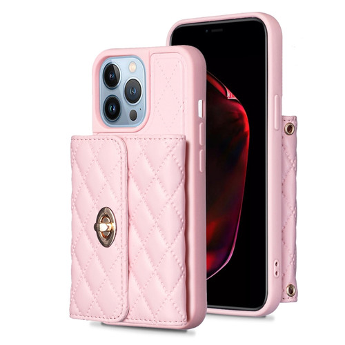 iPhone 13 Pro Horizontal Metal Buckle Wallet Rhombic Leather Phone Case - Pink