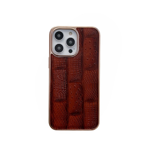 iPhone 13 Pro Nano Electroplate Mahjong Texture Leather Phone Case - Brown