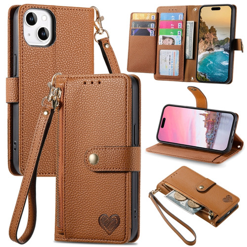 iPhone 13 Pro Love Zipper Lanyard Leather Phone Case - Brown