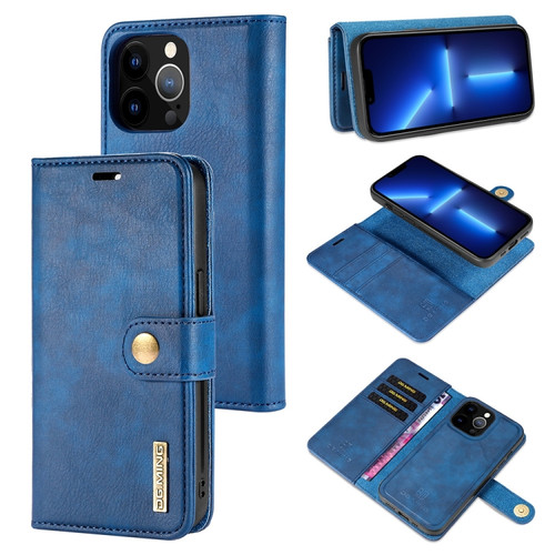 iPhone 13 Pro DG.MING Crazy Horse Texture Flip Detachable Magnetic Leather Case with Holder & Card Slots & Wallet  - Blue