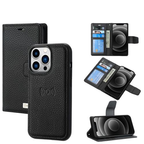 iPhone 13 Pro Litchi Texture Magnetic Detachable Wallet Leather Phone Case  - Black