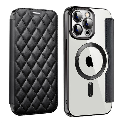 iPhone 13 Pro Shield Magsafe RFID Anti-theft Rhombus Leather Phone Case - Black
