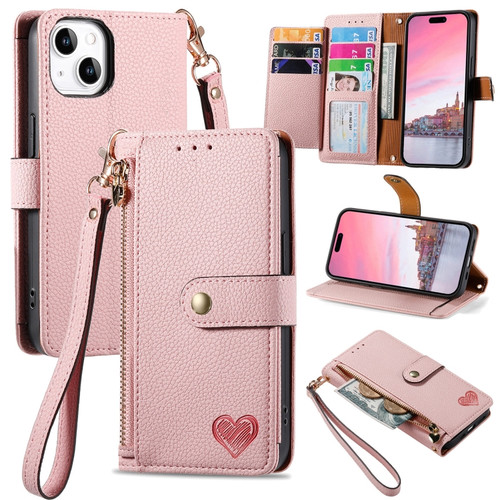 iPhone 13 Pro Love Zipper Lanyard Leather Phone Case - Pink