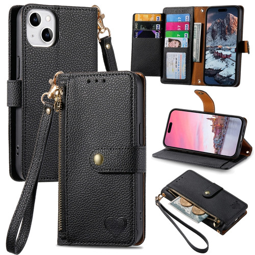 iPhone 13 Pro Love Zipper Lanyard Leather Phone Case - Black