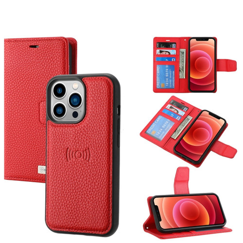 iPhone 13 Pro Litchi Texture Magnetic Detachable Wallet Leather Phone Case  - Red