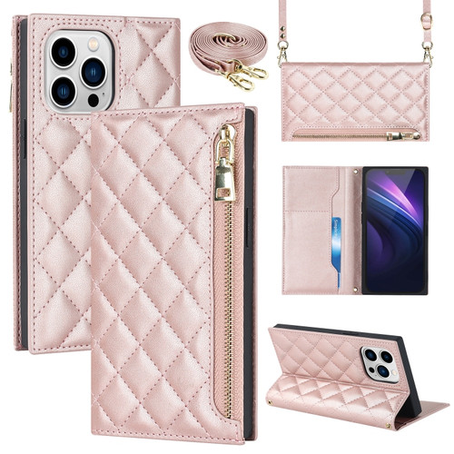 iPhone 13 Pro Grid Texture Lanyard Zipper Leather Phone Case - Rose Gold