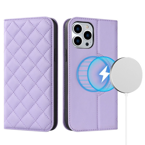 iPhone 13 Pro Rhombic MagSafe RFID Anti-Theft Wallet Leather Phone Case - Purple