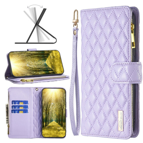 iPhone 13 Pro Diamond Lattice Zipper Wallet Leather Flip Phone Case  - Purple