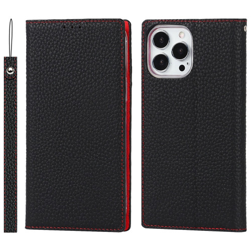 iPhone 13 Pro Litchi Texture Genuine Leather Phone Case With Lanyard & Holder & Card Slots & Wallet  - Black