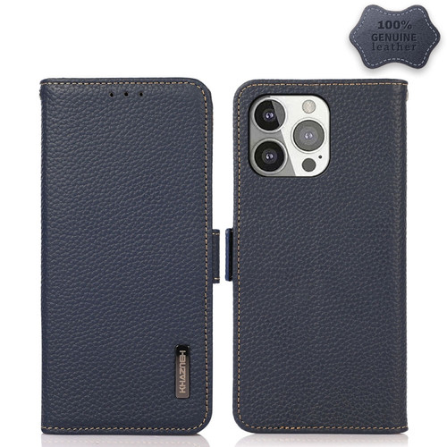 iPhone 13 Pro KHAZNEH Side-Magnetic Litchi Genuine Leather RFID Case  - Blue