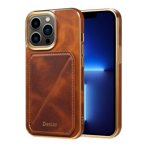 iPhone 13 Pro Denior Oil Wax Leather Electroplating Card Slot Holder Phone Case - Brown