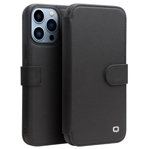 iPhone 13 Pro QIALINO Magnetic Buckle Phone Leather Case with Card Slot  - Black