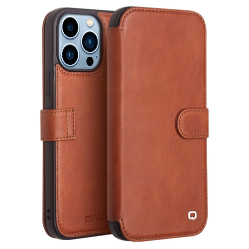 iPhone 13 Pro QIALINO Magnetic Buckle Phone Leather Case with Card Slot  - Brown