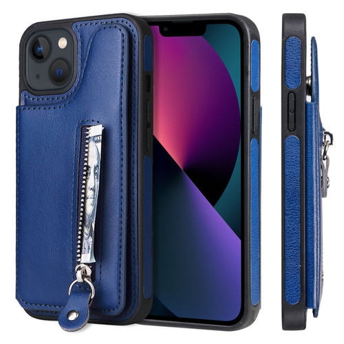 iPhone 13 Solid Color Double Buckle Zipper Shockproof Phone Case - Blue