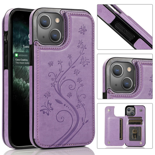 iPhone 13 Butterflies Flowers Double Buckle PU + TPU Protective Case with Holder & Card Slots & Photo Frame - Purple