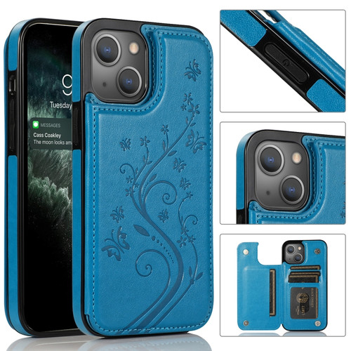 iPhone 13 Butterflies Flowers Double Buckle PU + TPU Protective Case with Holder & Card Slots & Photo Frame - Blue