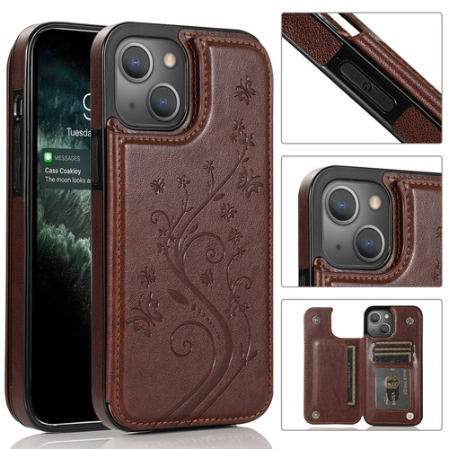 iPhone 13 Butterflies Flowers Double Buckle PU + TPU Protective Case with Holder & Card Slots & Photo Frame - Brown