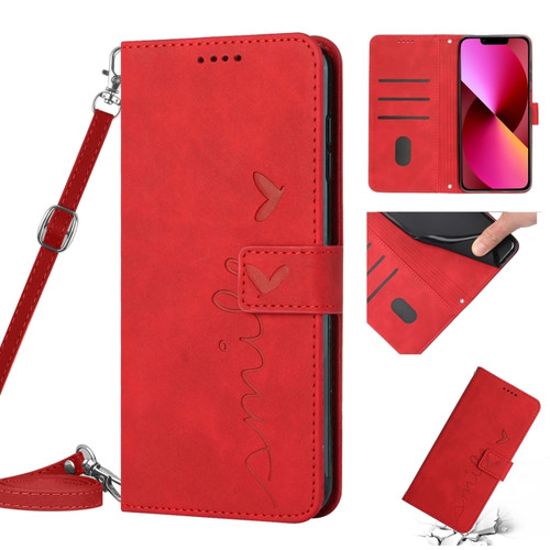 iPhone 13 Skin Feel Heart Pattern Leather Phone Case With Lanyard - Red