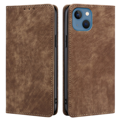 iPhone 13 RFID Anti-theft Brush Magnetic Leather Phone Case - Brown