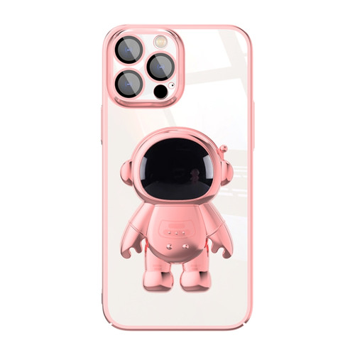 iPhone 13 Electroplating PC Astronaut Holder Phone Case with Lens Film - Pink