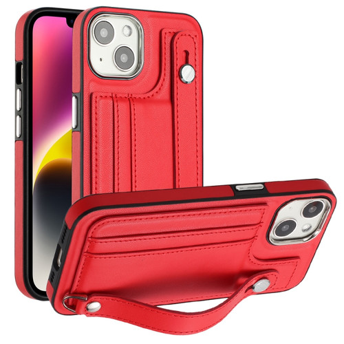 iPhone 13 Shockproof Leather Phone Case with Wrist Strap - Red